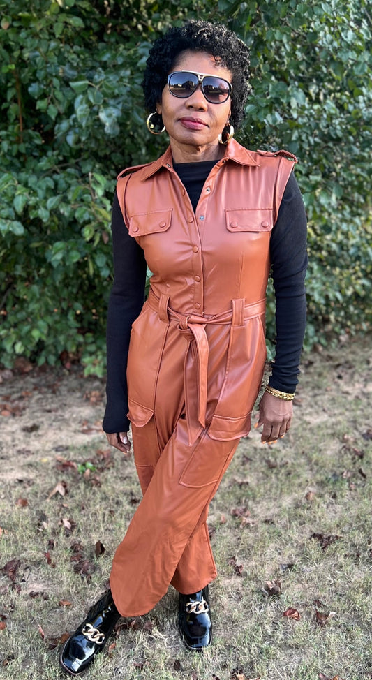 Pop That Collar Leather Jumpsuit